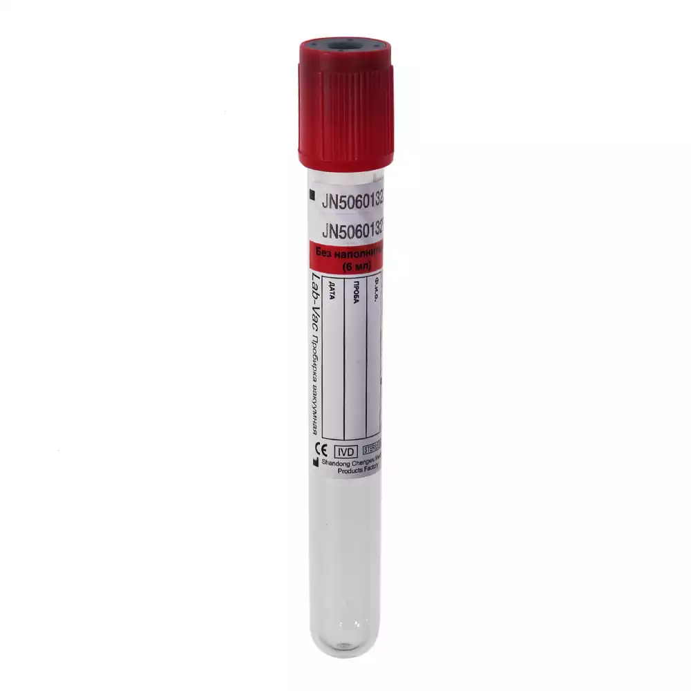 Пробирка Lab-Vac пластиковая, объем 6мл, размер 13*100мм, для исследования сыворотки (без наполнителя) цвет красный, Shandong Chengwu Medical Products Factory