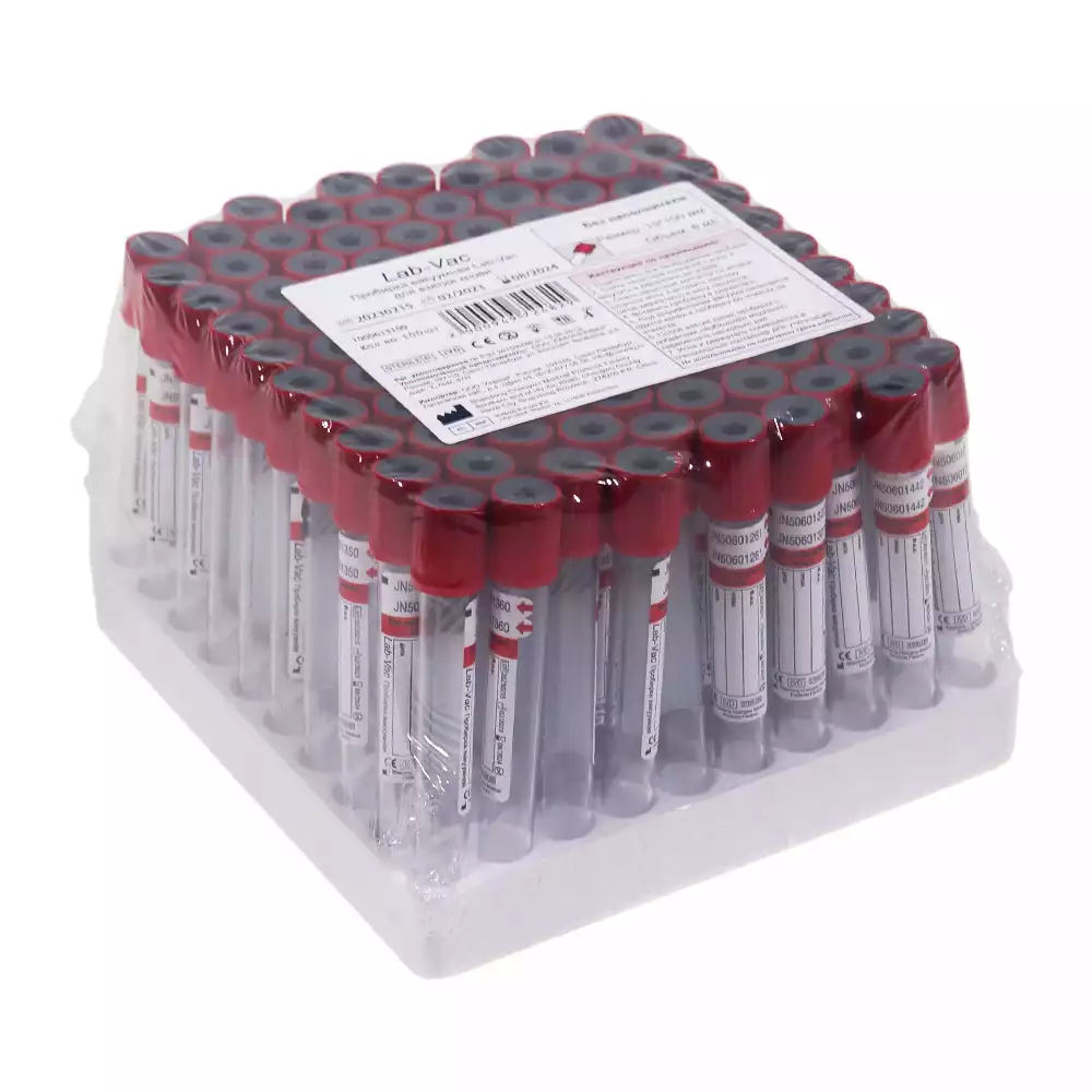 Пробирка Lab-Vac пластиковая, объем 6мл, размер 13*100мм, для исследования сыворотки (без наполнителя) цвет красный, Shandong Chengwu Medical Products Factory