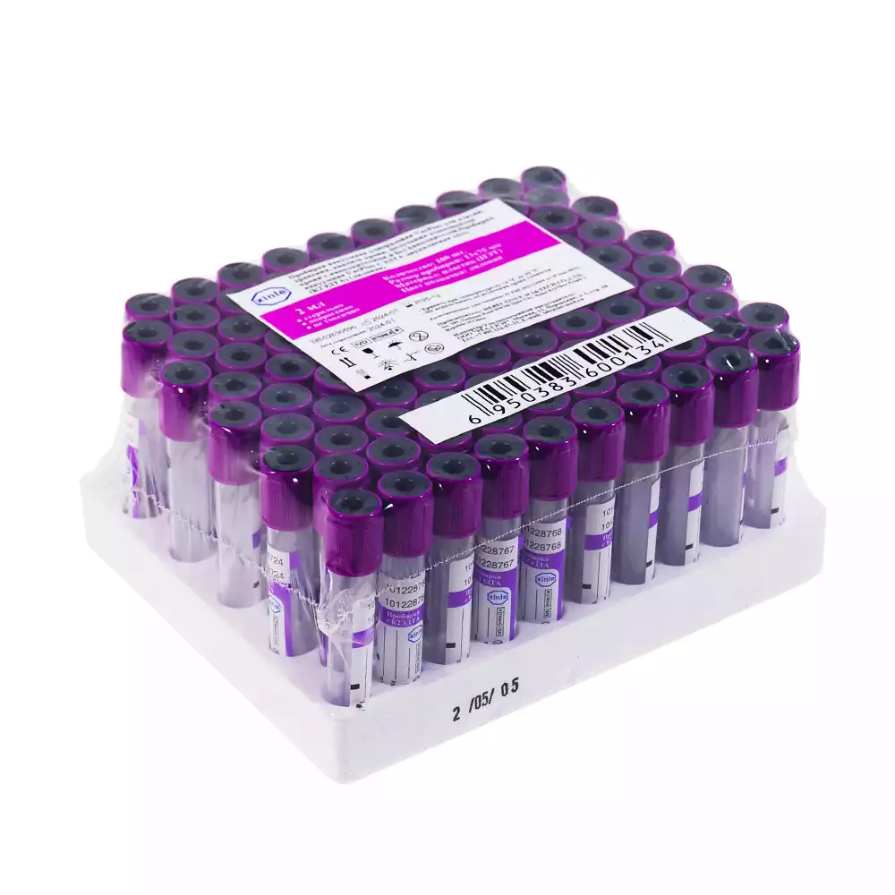 Пробирка вакуумная пластиковая для гематологических исследований VacPlus с ЭДТА-К2, объем 2 мл, размер 13*75 мм цвет крышки фиолетовый