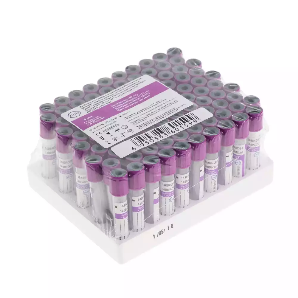 Пробирки VacPlus ЭДТА-К2 пластиковые, объем 4мл, размер 13*75мм, для гематологических исследований, цвет фиолетовый, Hebei Xinle Sci&Tech Co Ltd (КИТАЙ)