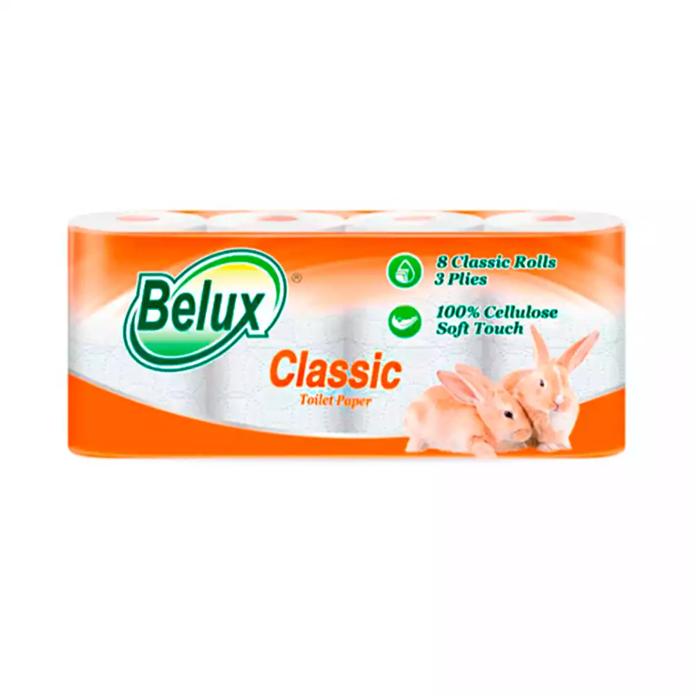 Бумага туалетная Belux Classic, трехслойная белая, рулон 130листов, длина 15м, упаковка 8шт