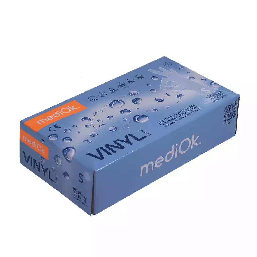 Перчатки Vinyl, виниловые (медицинские), размер S, вес 8,0 г/пара, неопудренные, нестерильные, упаковка 50 пар