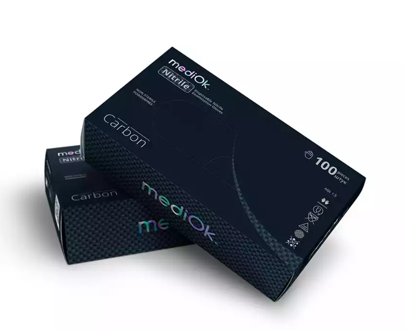 Перчатки смотровые mediOk CARBON, размер L, 8 гр/пара, нитриловые, неопудренные, текстурированные, нестерильные, цвет черный, упаковка 50 пар