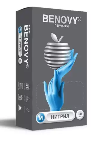 Перчатки BENOVY, размер M, нитриловые, вес 6,0г/пара, неопудренные, текстурированные на пальцах, цвет голубой, нестерильные, упаковка 50 пар