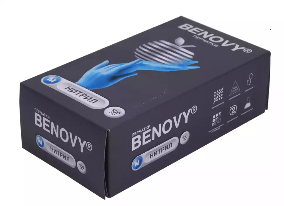 Перчатки BENOVY, размер M, нитриловые, вес 6,0г/пара, неопудренные, текстурированные на пальцах, цвет голубой, нестерильные, упаковка 100 пар Малайзия