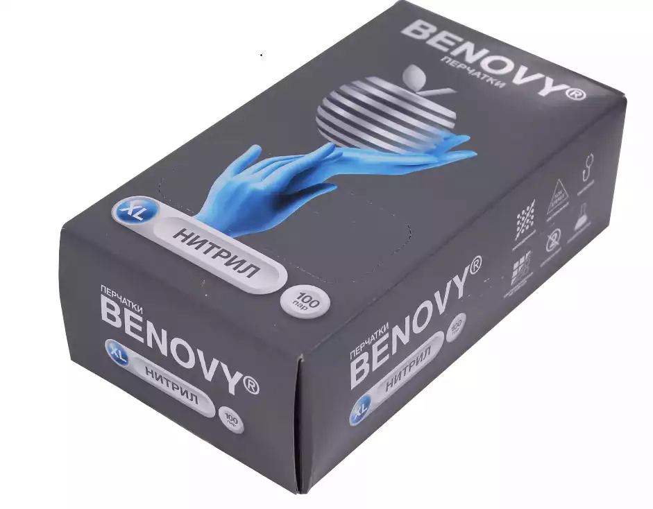 Перчатки BENOVY, размер XL, нитриловые, вес 6,0г/пара, неопудренные, текстурированные на пальцах, цвет голубой, нестерильные, упаковка 100 пар